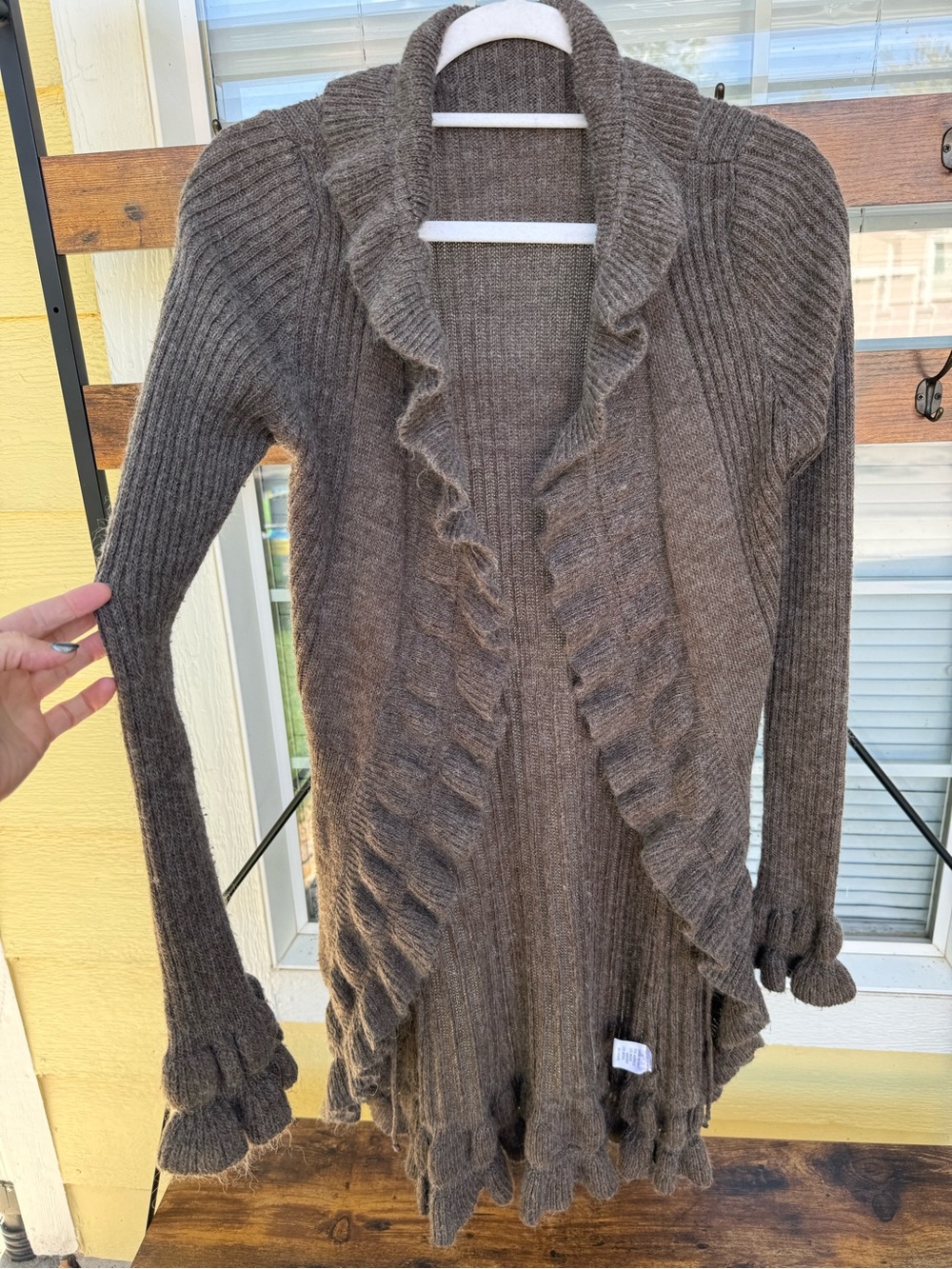Italian wools Brown Ruffle-Trim Open Cardigan Sweater - Women
